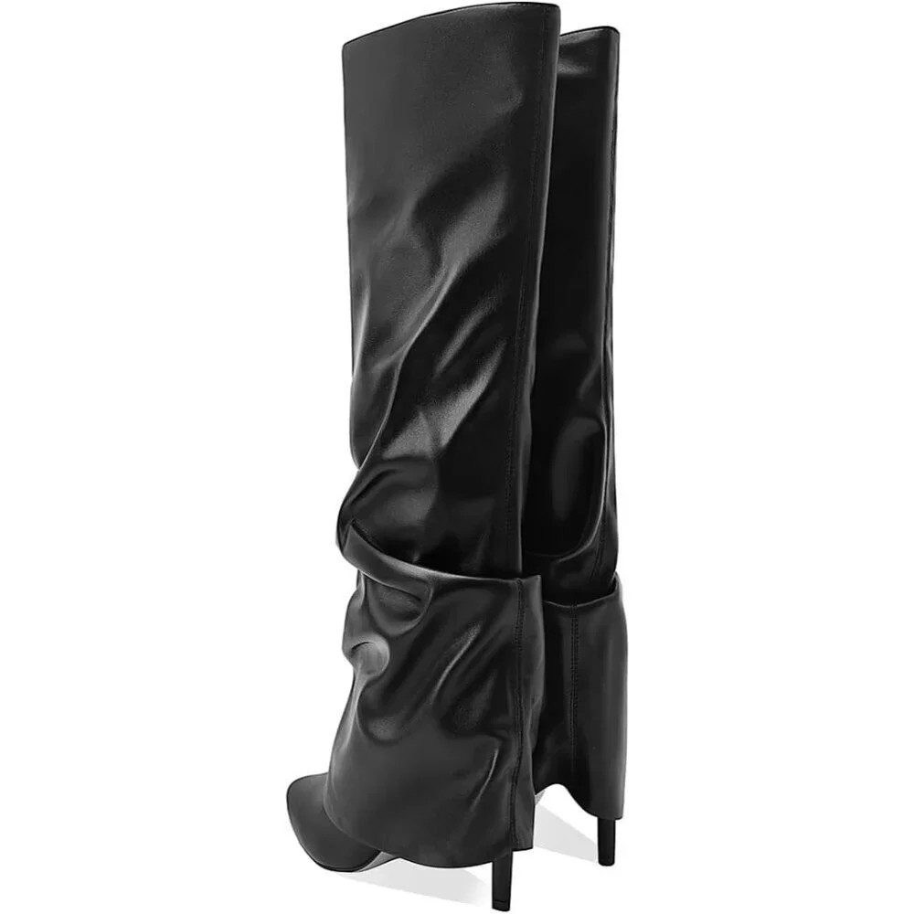 Women's Black Knee High Fold Over Wide Calf Pointed Toe Long Heel Boot